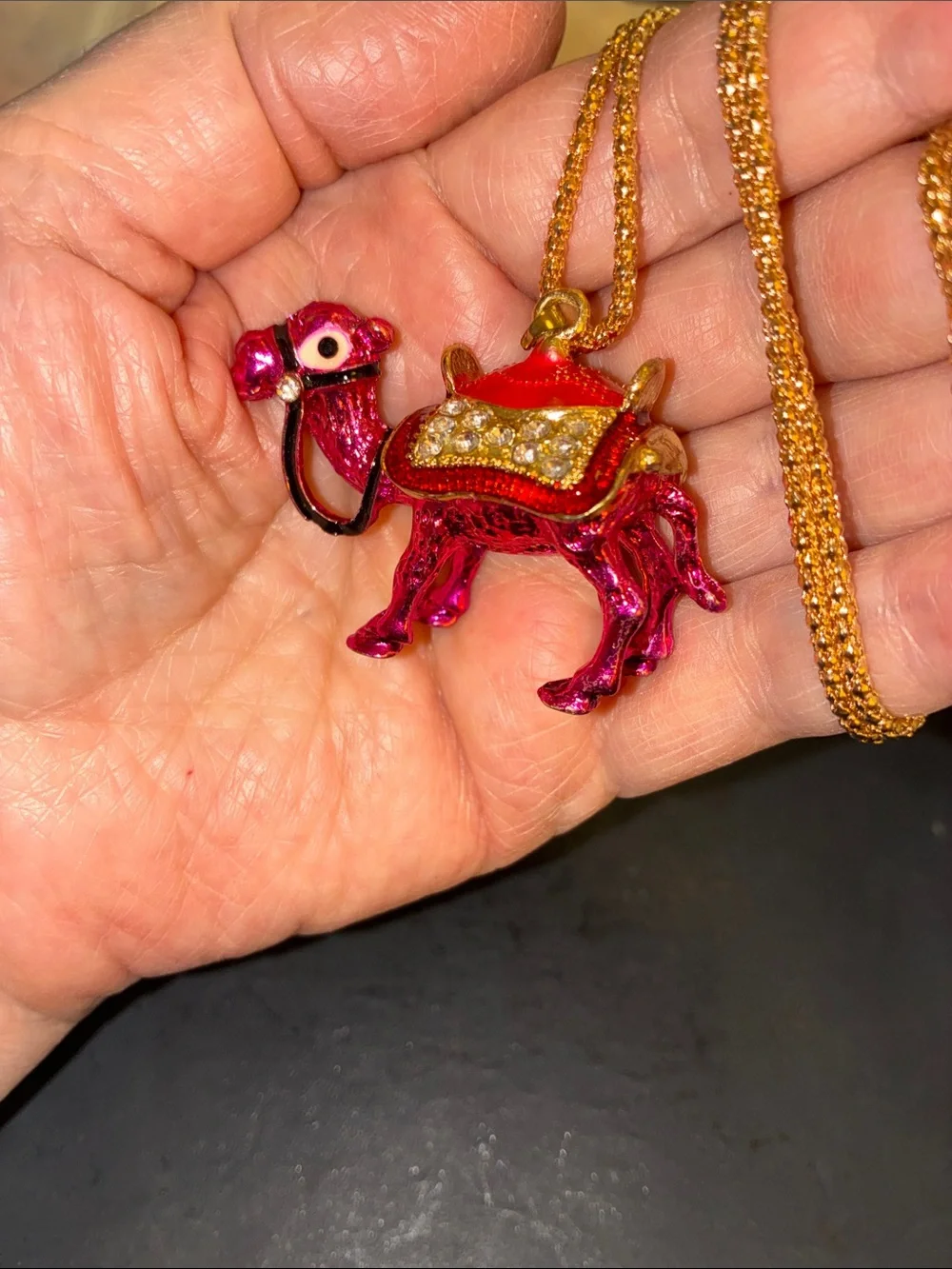 Camel Pink Enamel Pendant Necklace with Clear Crystals On The Saddle. Stands